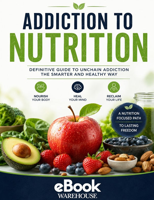 Book cover for 'Addiction to Nutrition' by eBook Warehouse, featuring a white and dark blue design with green accents, surrounded by fresh fruits and vegetables including an apple, strawberries, blueberries, and avocado.