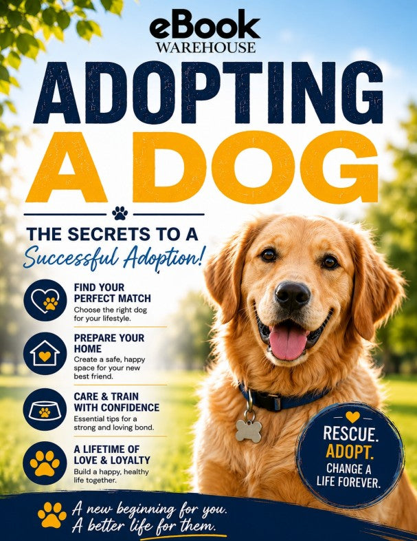 Promotional eBook cover for 'Adopting a Dog' by eBook Warehouse, featuring a golden retriever on a sunny outdoor background with text tips on successful dog adoption.