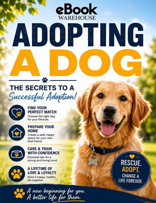 Promotional eBook cover for 'Adopting a Dog' by eBook Warehouse, featuring a golden retriever on a sunny outdoor background with text tips on successful dog adoption.