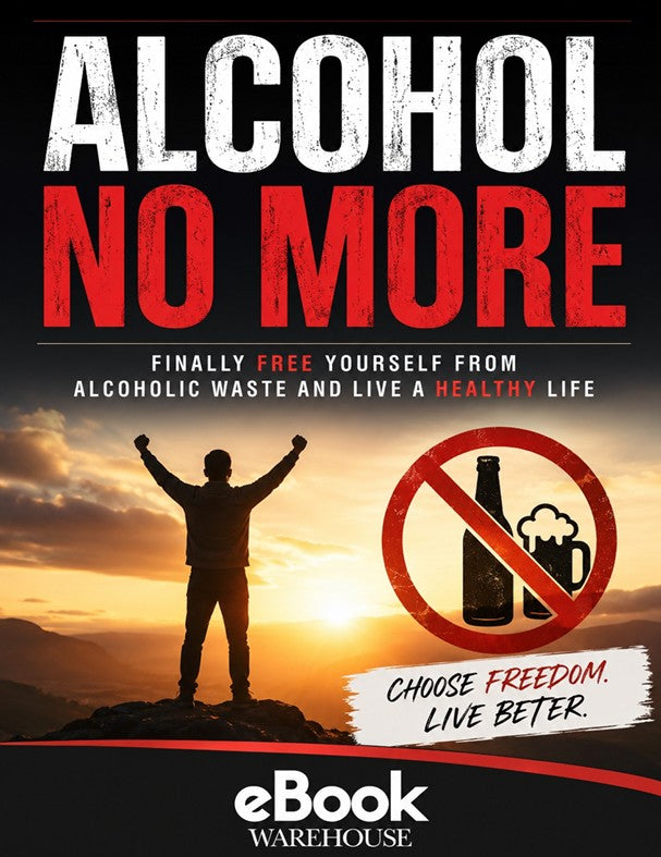 Book cover for 'Alcohol No More' by eBook Warehouse, featuring a silhouette of a person with raised arms on a mountain at sunset, bold white and red text, and a no-alcohol symbol.