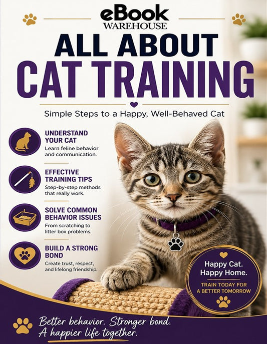 Front cover of the eBook 'All About Cat Training' by eBook Warehouse, featuring a tabby cat on a purple blanket against a light cream background with text and paw prints.