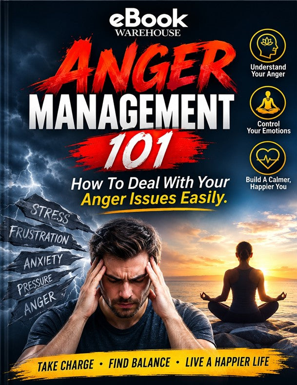Book cover for 'Anger Management 101' by eBook Warehouse, featuring a dramatic dark stormy sky on the left, a man holding his head in pain in the foreground, a meditating figure at sunset on the right, and bold red and white title text.