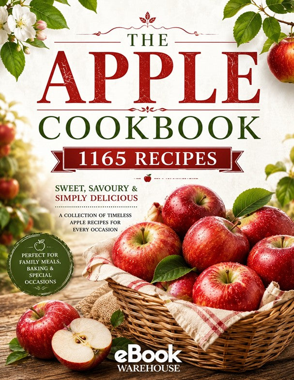 Front cover of 'The Apple Cookbook: 1165 Recipes' featuring large red and green title text on a cream background, surrounded by apples, a wicker basket, and the eBook Warehouse logo at the bottom.