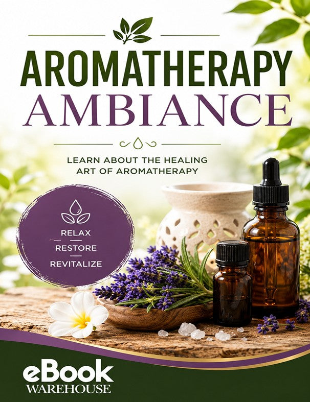 Promotional cover graphic for an eBook titled 'AROMATHERAPY AMBIANCE' with the subtitle 'LEARN ABOUT THE HEALING ART OF AROMATHERAPY'. The design features amber dropper bottles, lavender sprigs, a white flower, and a ceramic bowl on a rustic wooden surface, set against a soft-focus background of green leaves.