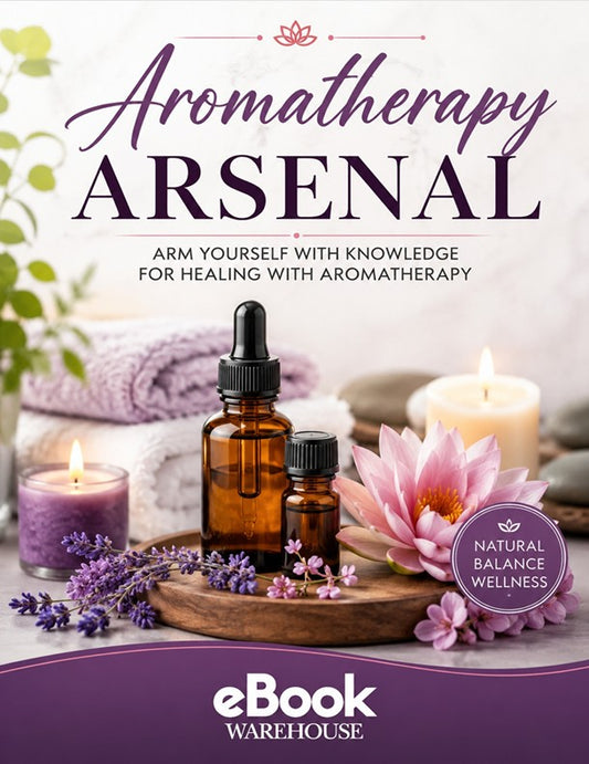 Promotional cover for 'Aromatherapy Arsenal' eBook by eBook Warehouse, featuring amber dropper bottles, lavender, a pink lotus flower, and lit candles on a spa-style background.