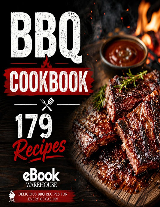 Front cover of a BBQ Cookbook eBook by eBook Warehouse, featuring large white and red text over a dark background and a photo of grilled meat on a wooden board with sauce and fire.