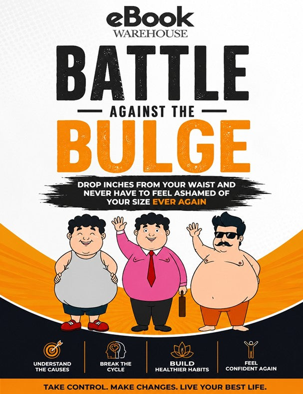 Promotional eBook cover graphic for 'Battle Against the Bulge' by eBook Warehouse, featuring three cartoon overweight men and bold text on a white, orange, and black background.