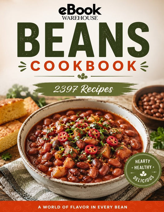Front cover of the eBook Warehouse Beans Cookbook, featuring a large bowl of chili bean soup with garnish, bread, beans in a small bowl, and bold title text reading 'BEANS COOKBOOK' with '2397 Recipes'.