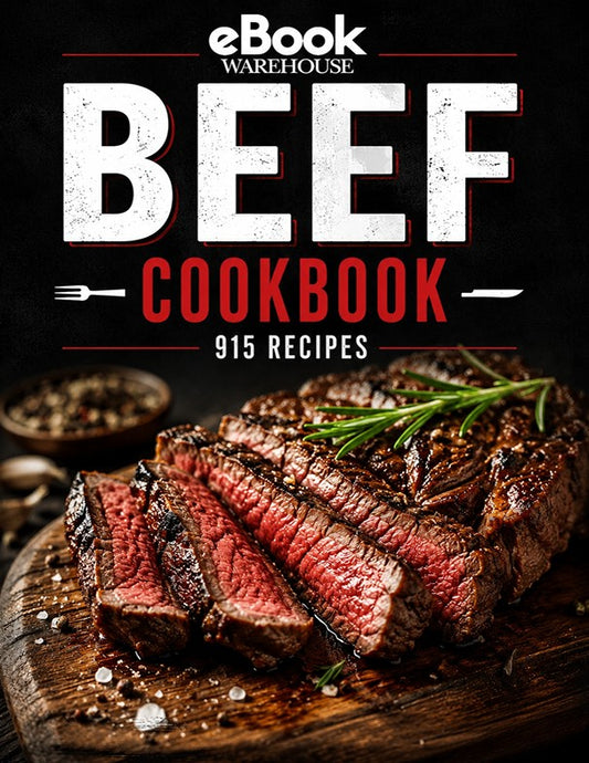 Front cover of an eBook cookbook titled "BEEF COOKBOOK" with "915 RECIPES" below, showing a sliced cooked beef steak on a wooden cutting board with seasoning and rosemary. The top includes the visible brand text "eBook Warehouse.