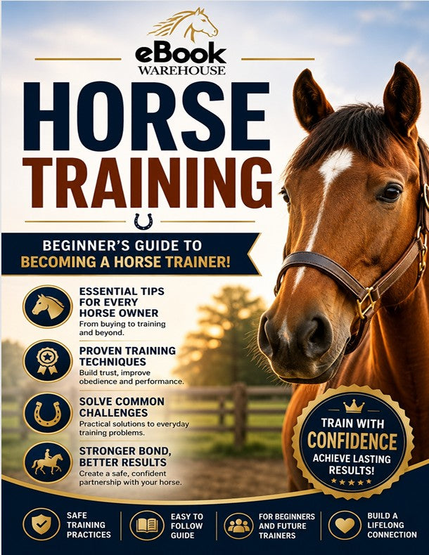 Promotional cover for eBook Warehouse Horse Training, featuring a close-up of a brown horse on the right and large title text on the left over a light sky background. The cover includes bullet points about horse training tips and a gold seal reading 'Train with Confidence'.