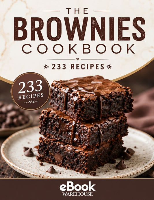 Front cover of 'The Brownies Cookbook' eBook by eBook Warehouse, featuring a stack of three rich chocolate brownies on a speckled plate with the title in large dark brown lettering on a cream marbled background.
