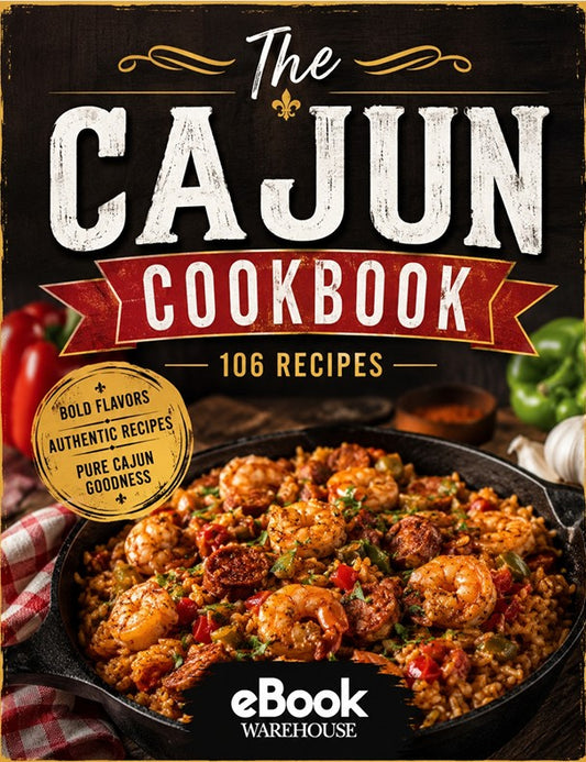 The Cajun Cookbook eBook cover by eBook Warehouse, featuring a rustic black background with large white and red title text and a photo of shrimp and sausage rice in a cast-iron skillet at the bottom.