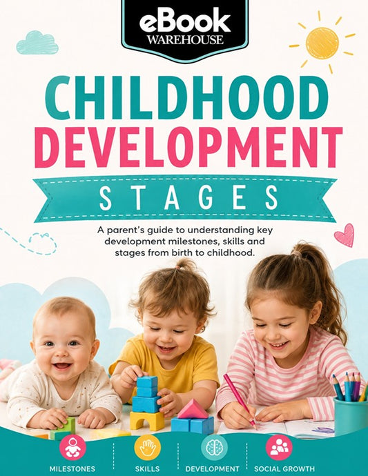 Book cover for 'Childhood Development Stages' by eBook Warehouse, featuring colorful title text and a photo of three children playing with blocks at the bottom.