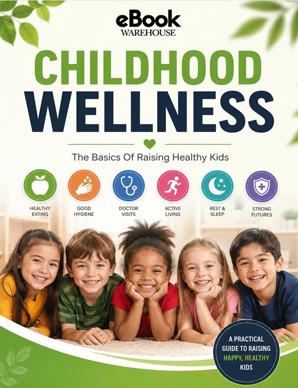 Book cover for 'Childhood Wellness: The Basics Of Raising Healthy Kids' by eBook Warehouse, featuring a group of five smiling children on the front cover with green and navy text and health-themed icons.