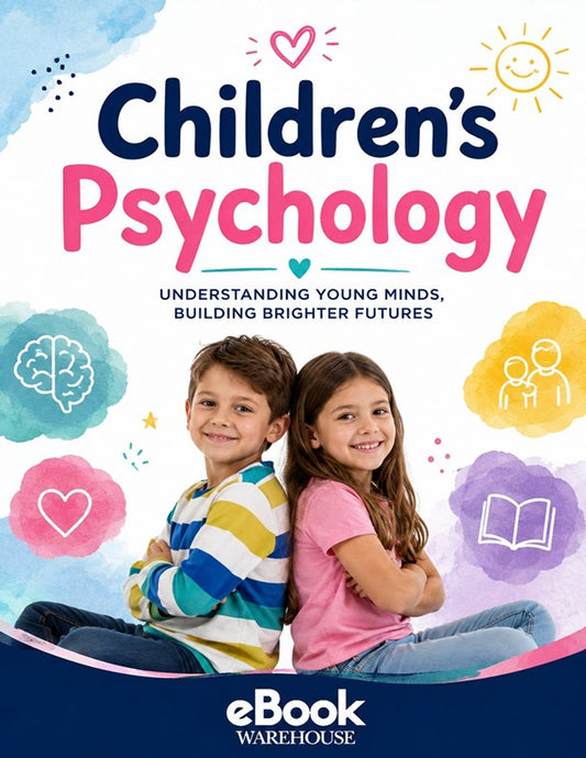 Book cover for 'Children's Psychology' featuring two children sitting back-to-back on a white background with colorful watercolor-style icons and the eBook Warehouse logo at the bottom.