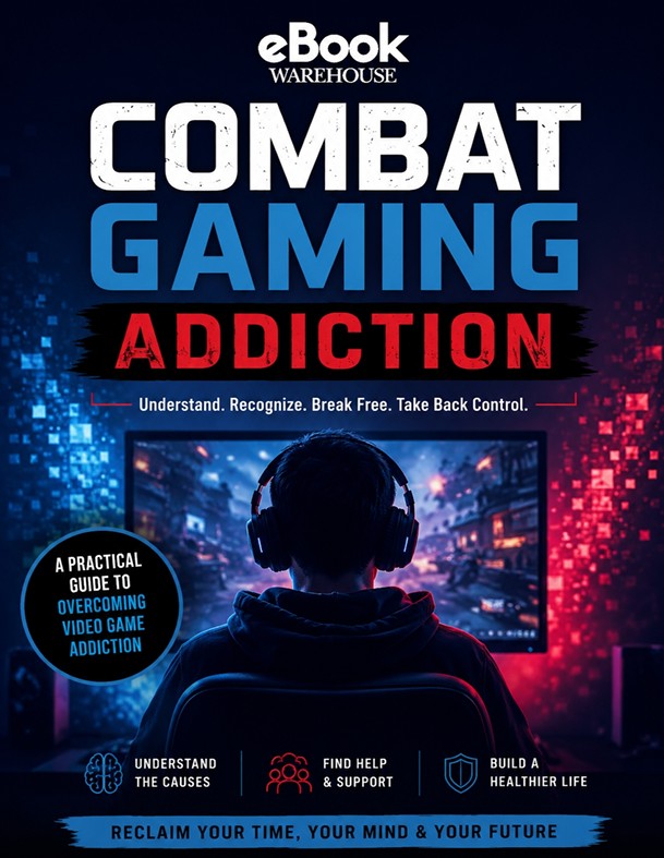 Book cover for 'Combat Gaming Addiction' by eBook Warehouse, featuring a silhouetted gamer at a computer screen with blue and red digital effects, bold title text, and feature icons at the bottom.
