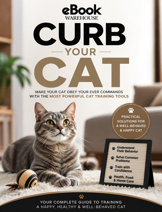 Book cover for 'Curb Your Cat' by eBook Warehouse, featuring a gray tabby cat lying on a white rug with a small sign and toy nearby, in a softly lit indoor setting.