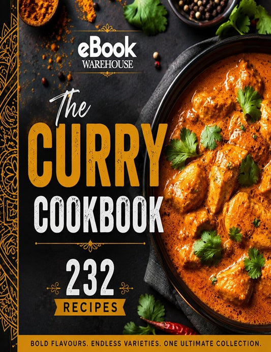 Front cover of the eBook Warehouse 'The Curry Cookbook' featuring a large orange curry dish on a dark textured background with bold title text and the subtitle '232 Recipes'.