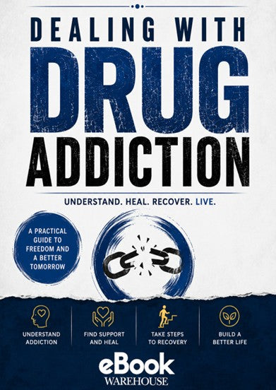 Book cover for 'Dealing with Drug Addiction' featuring large distressed navy and black title text on a white background, with a blue circular chain-link graphic and the eBook Warehouse logo at the bottom.