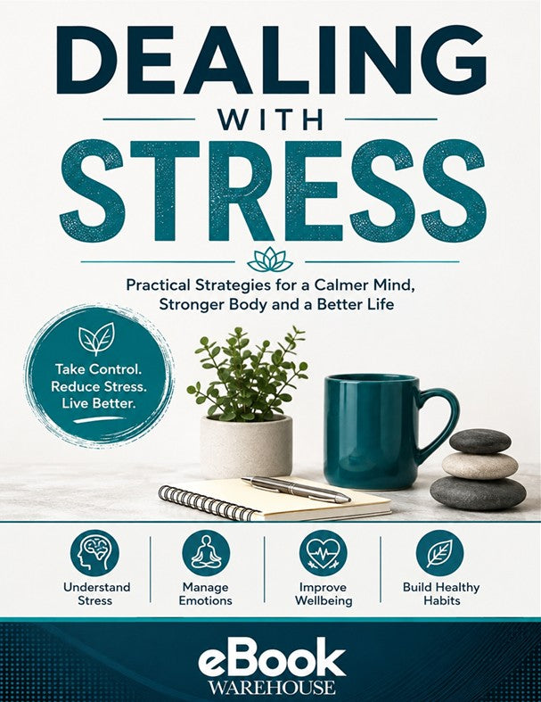 Book cover for 'Dealing with Stress' by eBook Warehouse, featuring a white and dark teal design with a central photo of a mug, notebook, plant, and stacked stones.