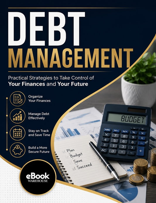 Book cover for 'Debt Management: Practical Strategies to Take Control of Your Finances and Your Future' by eBook Warehouse. The cover features a dark navy blue background with gold and white typography, alongside a lifestyle graphic of a desk setup with a calculator, notebook, coins, and a potted plant.