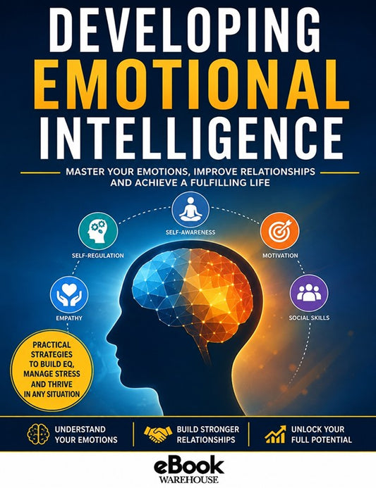 Book cover for 'Developing Emotional Intelligence' by eBook Warehouse, featuring a dark blue background with a stylized human head silhouette showing a glowing multicolored brain. Large white and yellow title text appears at the top, with icons and labels for self-regulation, self-awareness, motivation, social skills, empathy, and emotional skills.