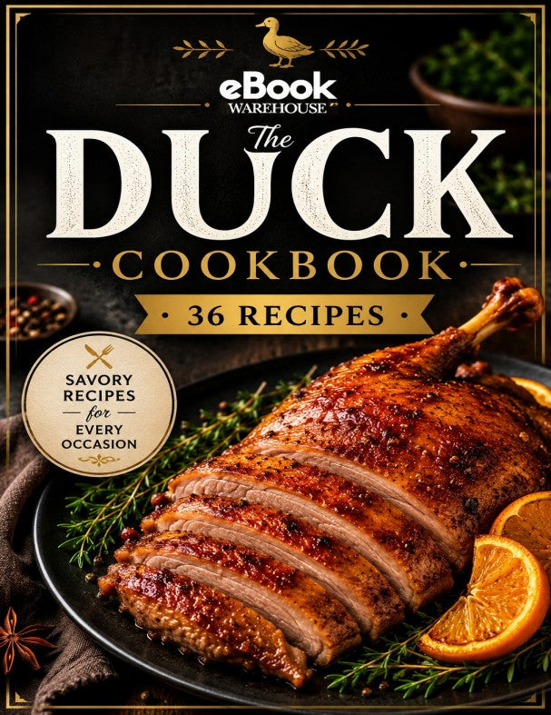 Front cover of 'The Duck Cookbook' eBook by eBook Warehouse, featuring a sliced roasted duck on a dark plate with orange slices and herbs, with large white title text and a gold seal reading 'Savory Recipes for Every Occasion'.