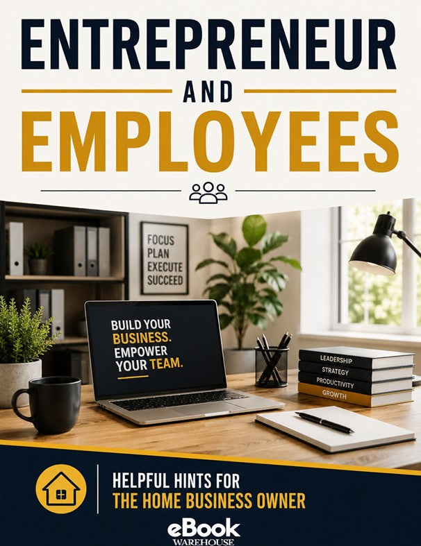 ebook cover titled Entrepreneur and Employees: Helpful Hints for the Home Business Owner. Features a modern home office workspace with a laptop displaying business motivation, books on leadership and productivity, and the eBook Warehouse logo. Designed in navy blue, gold, and white for entrepreneurs, small business owners, and home-based business professionals.
