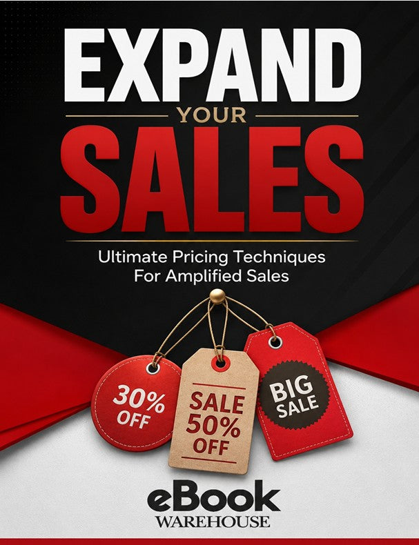 Promotional graphic for an eBook titled 'EXPAND YOUR SALES' with subtitle 'Ultimate Pricing Techniques For Amplified Sales.' The design uses a black and white background with bold red and white text, plus three hanging sale tags reading '30% OFF,' 'SALE 50% OFF,' and 'BIG SALE.