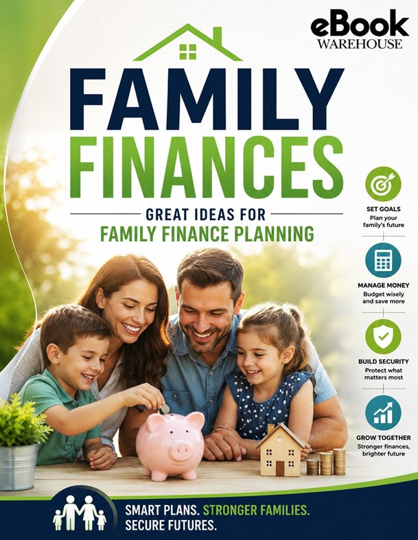 eBook Warehouse Family Finances guide cover featuring a family smiling around a pink piggy bank, with large title text and feature icons on a bright green and white background.