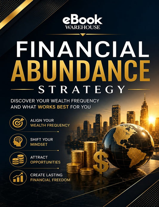 Digital cover for 'Financial Abundance Strategy' by eBook Warehouse, featuring a dark navy and gold design with a city skyline, a globe, gold coins, and a dollar sign.