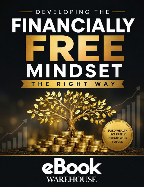 Book cover for 'Developing the Financially Free Mindset: The Right Way' by eBook Warehouse, featuring a golden tree of coins and leaves on stacked coins against a dark background with financial charts.