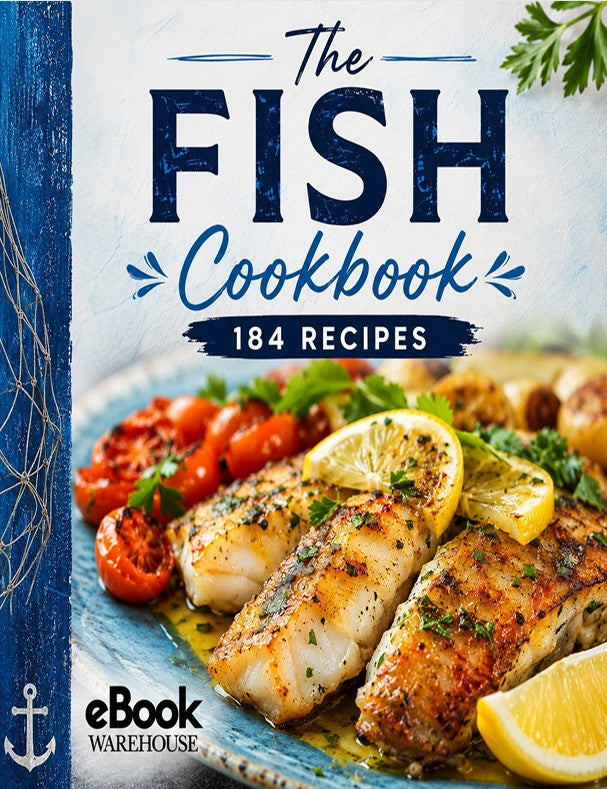 Front cover of 'The Fish Cookbook: 184 Recipes' eBook by eBook Warehouse, featuring a plate of grilled fish with lemon slices and tomatoes, with a blue vertical border on the left and the title in large navy and blue lettering.