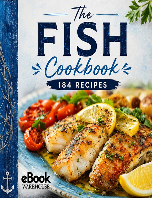 Front cover of 'The Fish Cookbook: 184 Recipes' eBook by eBook Warehouse, featuring a plate of grilled fish with lemon slices and tomatoes, with a blue vertical border on the left and the title in large navy and blue lettering.