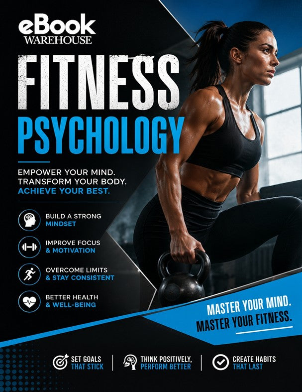 Book cover for 'eBook Warehouse Fitness Psychology' featuring a fitness woman holding a kettlebell against a gym background, with bold white and blue text and motivational copy.