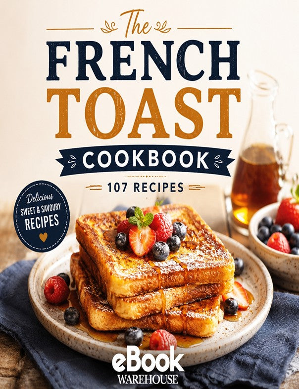 Front cover of 'The French Toast Cookbook' by eBook Warehouse, featuring a stack of golden French toast on a plate with strawberries and blueberries, alongside syrup and fruit bowls, with large title text on a cream background.