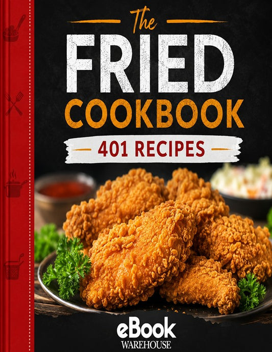 Front cover of a cookbook titled "The Fried Cookbook: 401 Recipes" with a photo of golden fried chicken pieces on a plate, a red spine band, and the eBook Warehouse logo at the bottom.