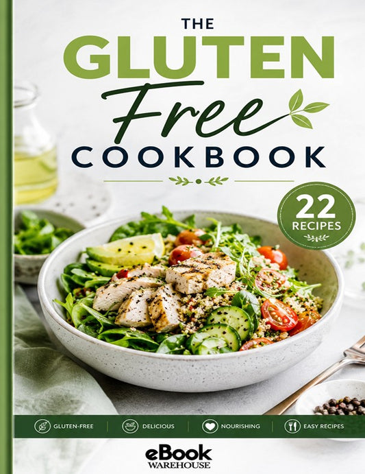 Front cover of the book 'The Gluten Free Cookbook' by eBook Warehouse, featuring a large green and dark green title, a bowl of gluten-free salad, and a green badge that says '22 Recipes'.
