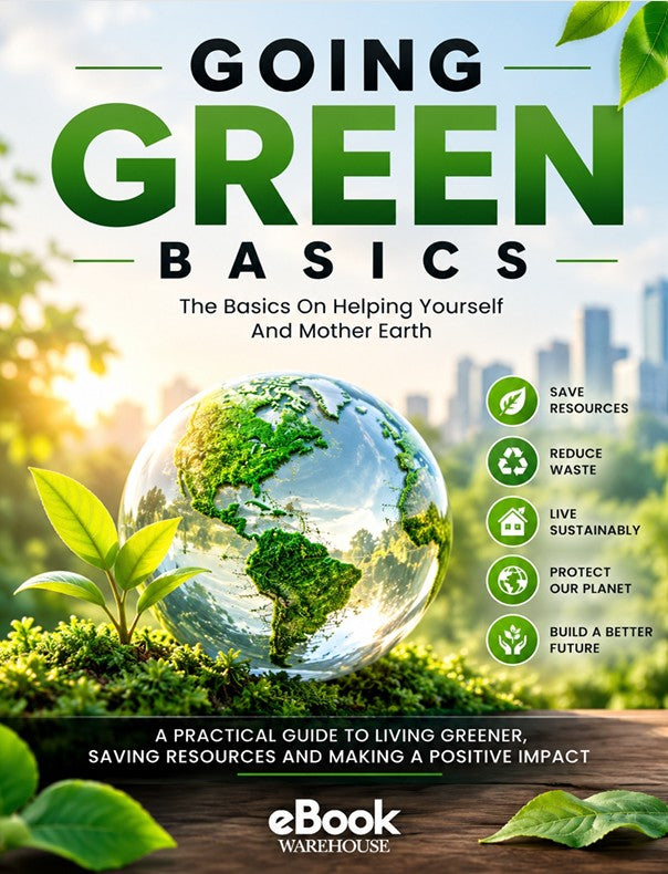 Book cover for 'Going Green Basics' by eBook Warehouse, featuring a globe with green moss, a small plant sprout, city skyline background, and green text icons on the right.