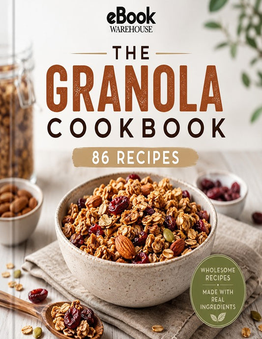Front cover of the eBook Warehouse 'The Granola Cookbook' featuring a bowl of granola in the center, with large title text and a badge reading '86 Recipes'.