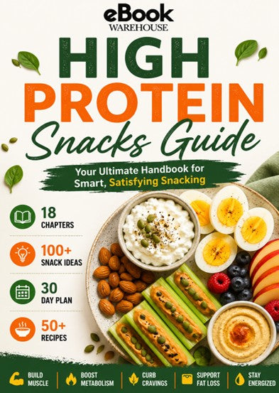 Promotional cover for the eBook Warehouse High Protein Snacks Guide, featuring a plate of healthy snacks including an egg, hummus, avocado toast, nuts, and fruit on a white background with green and orange text.