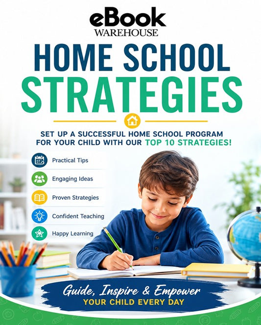 Promotional cover for 'Home School Strategies' by eBook Warehouse, featuring a young boy writing in a notebook at a desk with a globe, pencils, and books. The cover includes text highlighting key benefits of the home school program and a green footer banner.