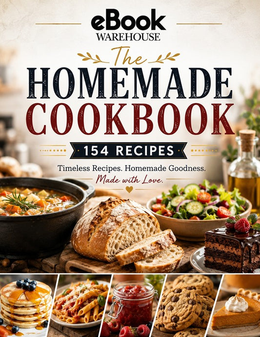 Front cover of the eBook Warehouse book titled "The Homemade Cookbook" with the subtitle "154 Recipes." The cover features a warm kitchen scene with bread, salad, stew, cake, pancakes, jam, cookies, and pie, plus decorative text and a small banner reading "Timeless Recipes.