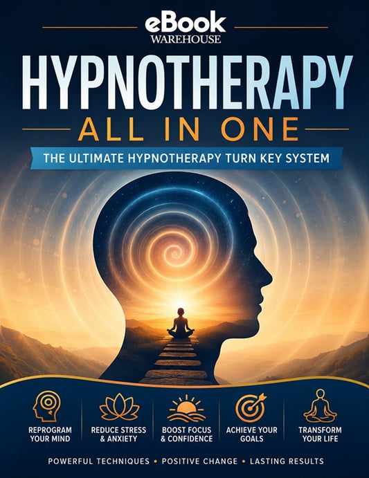 Book cover for 'Hypnotherapy All in One' by eBook Warehouse, featuring a dark blue background with a large human silhouette in profile, a glowing spiral brain illustration, and a sunrise over mountains. Text highlights key benefits such as reducing stress, boosting focus, and transforming life.