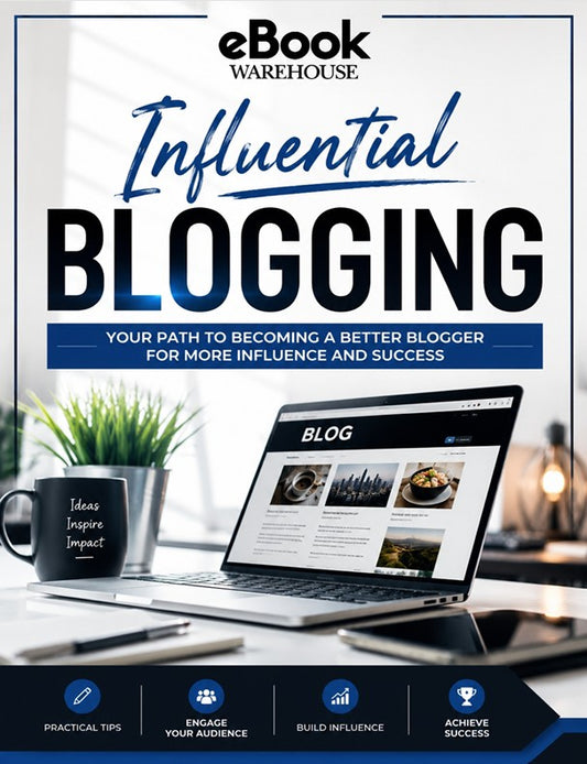 Promotional cover for 'Influential Blogging' by eBook Warehouse, featuring a laptop on a desk with a blog homepage open, alongside a mug, plant, and other office items. Large text reads 'eBook Warehouse' and 'Influential Blogging' with supporting copy about becoming a better blogger.