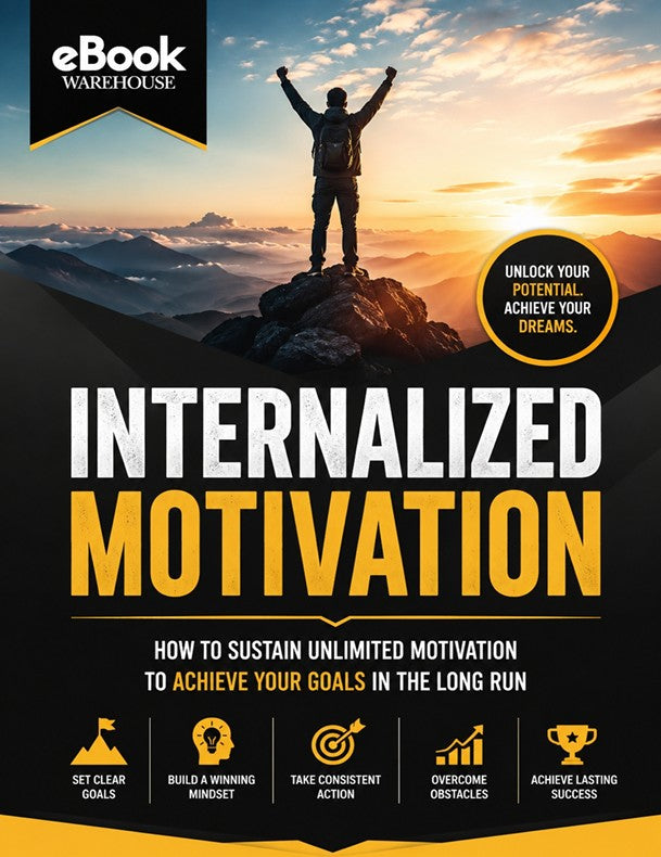 Book cover for 'Internalized Motivation' by eBook Warehouse, featuring a silhouette of a person standing on a mountain peak at sunset with raised arms, large white and yellow title text, and motivational icons along the bottom.