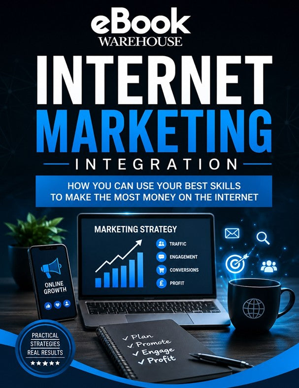 Promotional cover graphic for an eBook titled 'Internet Marketing Integration' by eBook Warehouse, featuring a dark blue background with large white and blue text, plus illustrated devices and marketing icons such as a laptop, smartphone, notebook, and coffee mug.