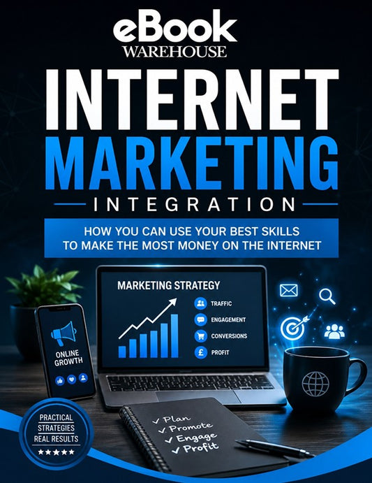 Promotional cover graphic for an eBook titled 'Internet Marketing Integration' by eBook Warehouse, featuring a dark blue background with large white and blue text, plus illustrated devices and marketing icons such as a laptop, smartphone, notebook, and coffee mug.