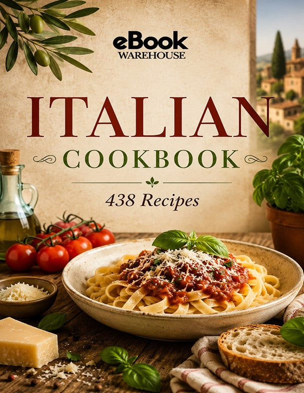 Front cover of the eBook Warehouse Italian Cookbook, featuring a rustic beige background with large dark red and green title text and a photo of pasta with tomatoes, basil, cheese, and bread at the bottom.