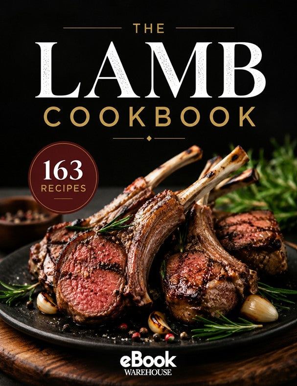 Front cover of 'The Lamb Cookbook' eBook by eBook Warehouse, featuring a plated lamb chop dish on a dark background with large white and gold title text and a badge reading '163 Recipes'.